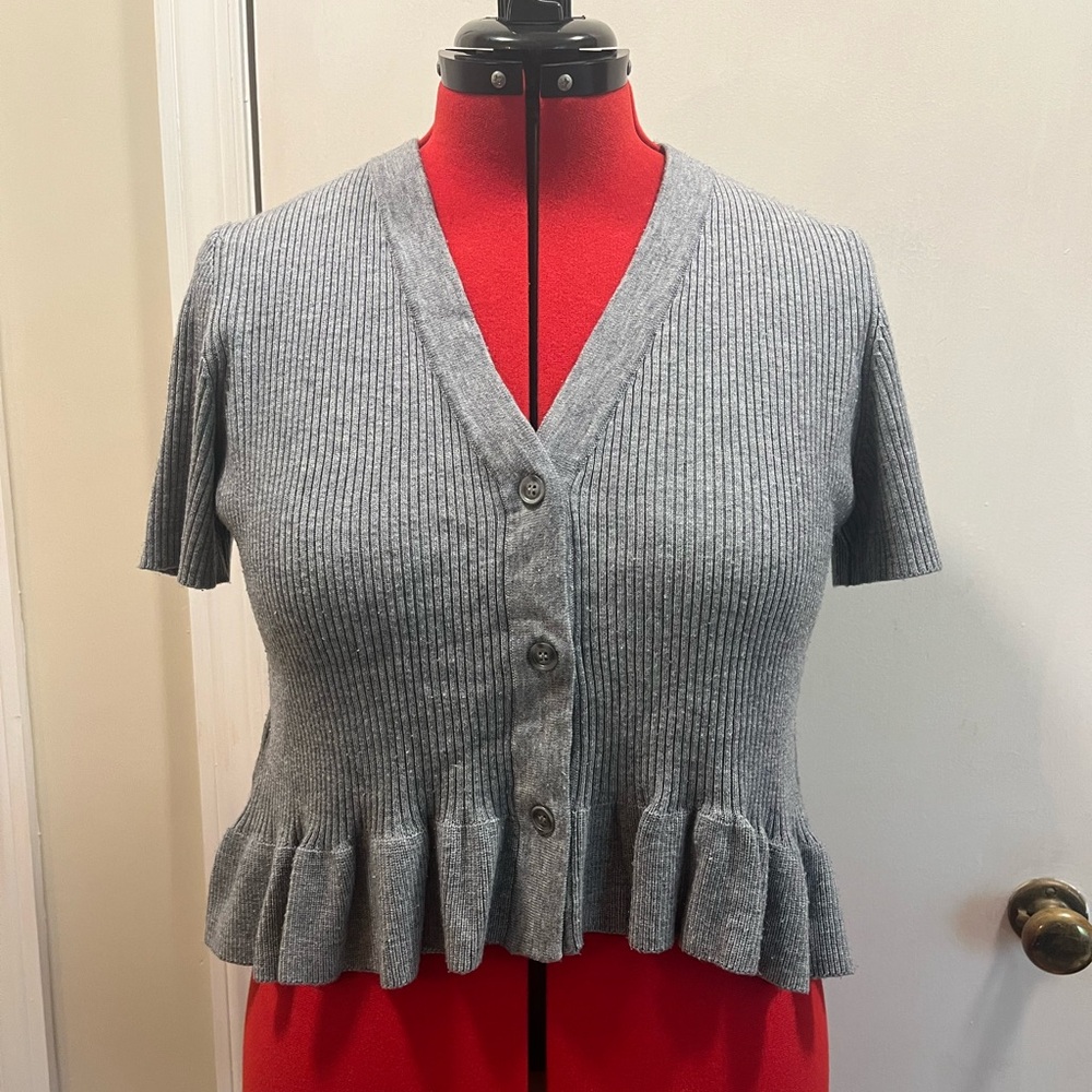 Gray Ribbed Button-Up Blouse